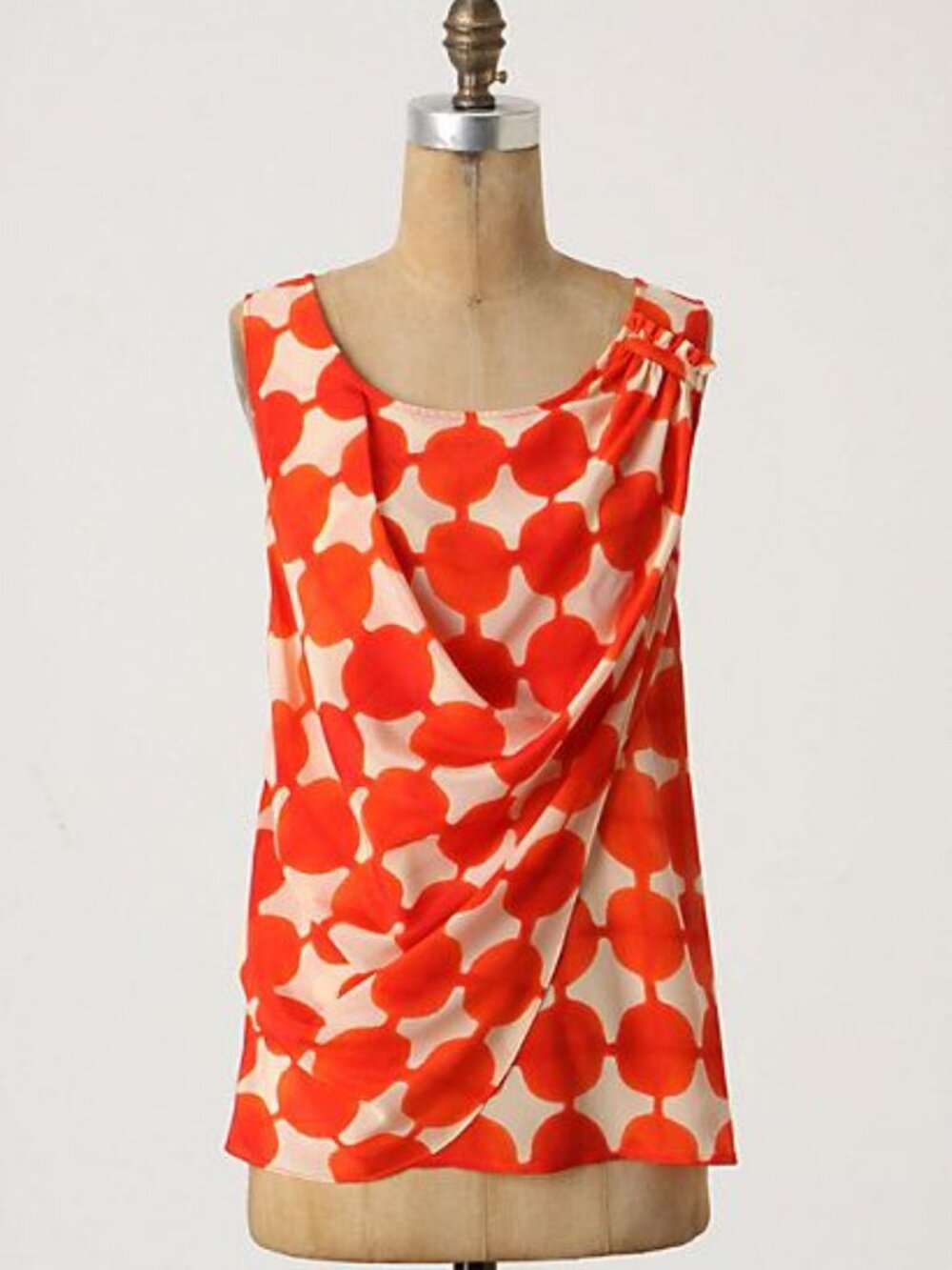 Anthropologie Quantum Blouse Red and Cream Silk Geometric Draped Sleeveless Top